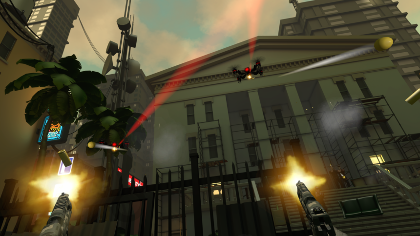 Une capture d'écran du jeu VR Dead Second montre le joueur tirant avec deux armes à feu sur un drone.