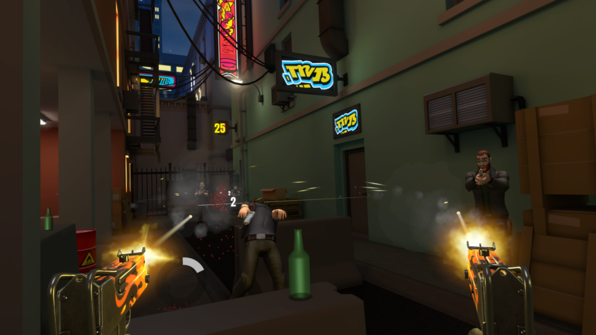 Une capture d'écran du jeu VR Dead Second montre le joueur engagé dans une fusillade avec des escrocs dans une ruelle.